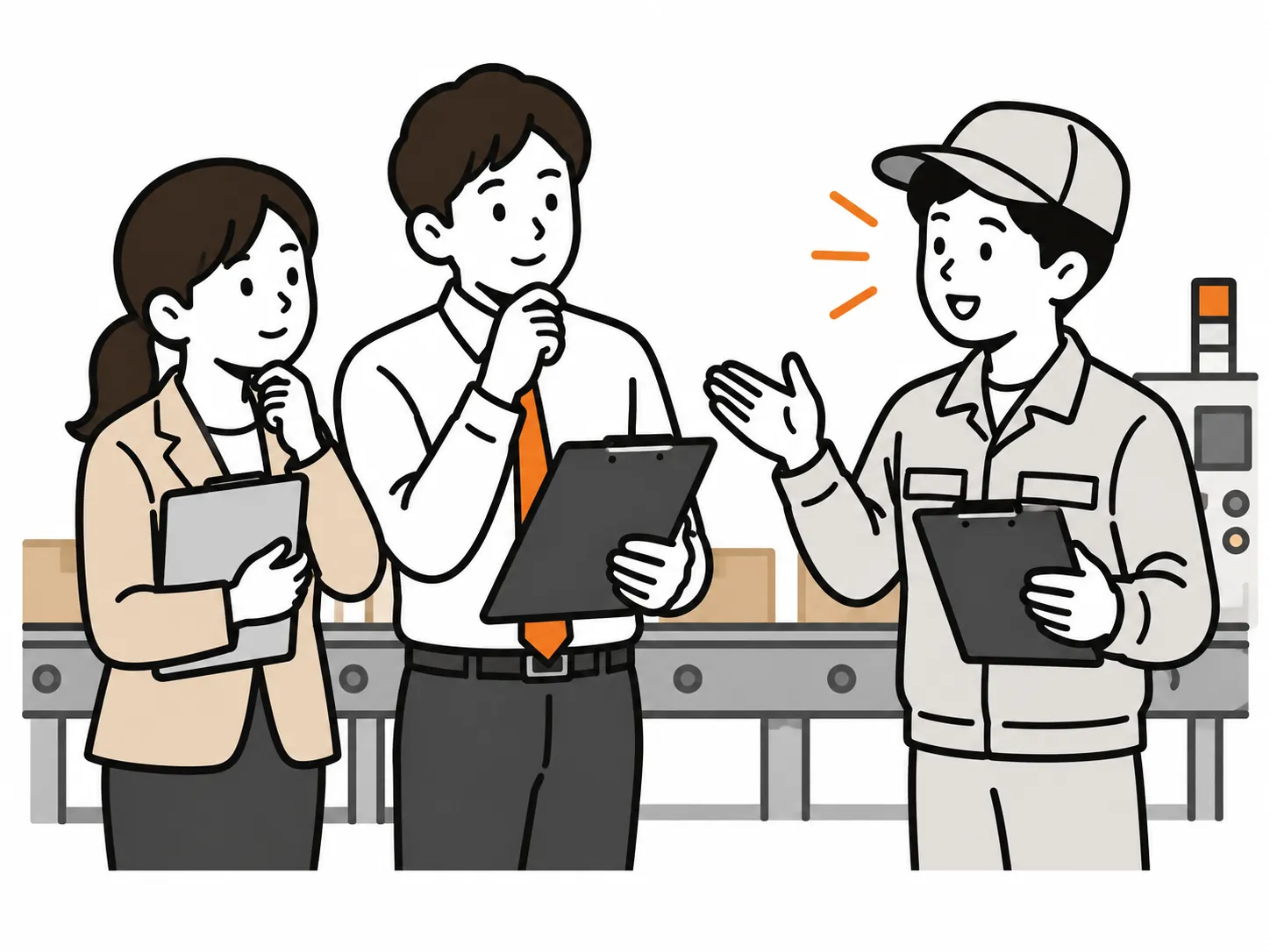辦公室人員與現場作業員在產線旁討論